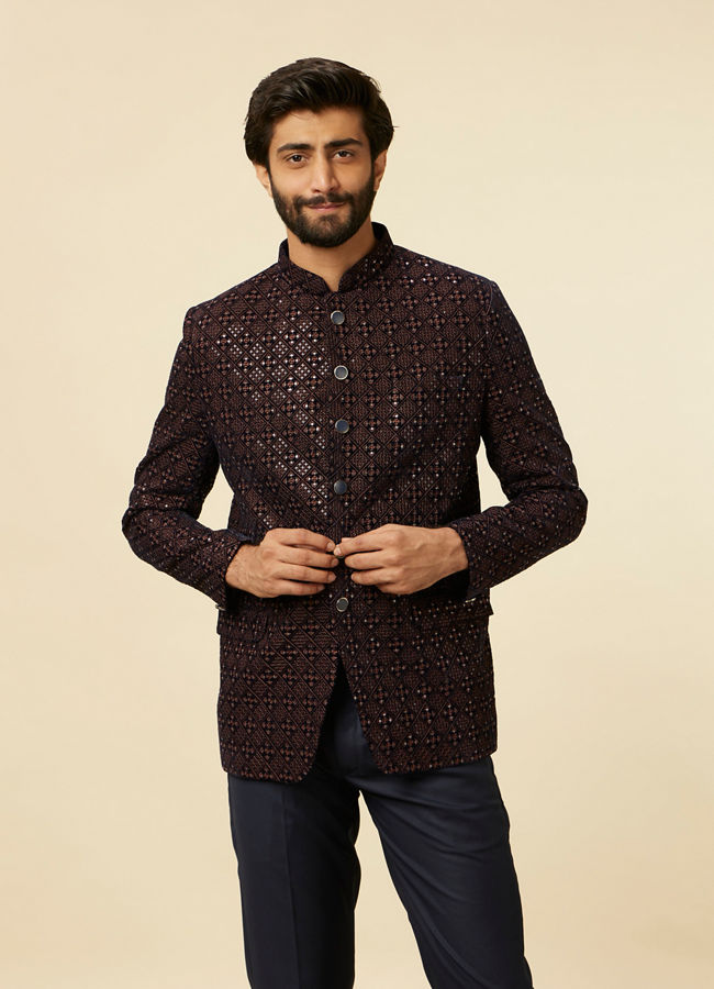 alt message - Manyavar Men Dark Blue Dark Brown Sequin Embellished Jodhpuri Suit image number 0